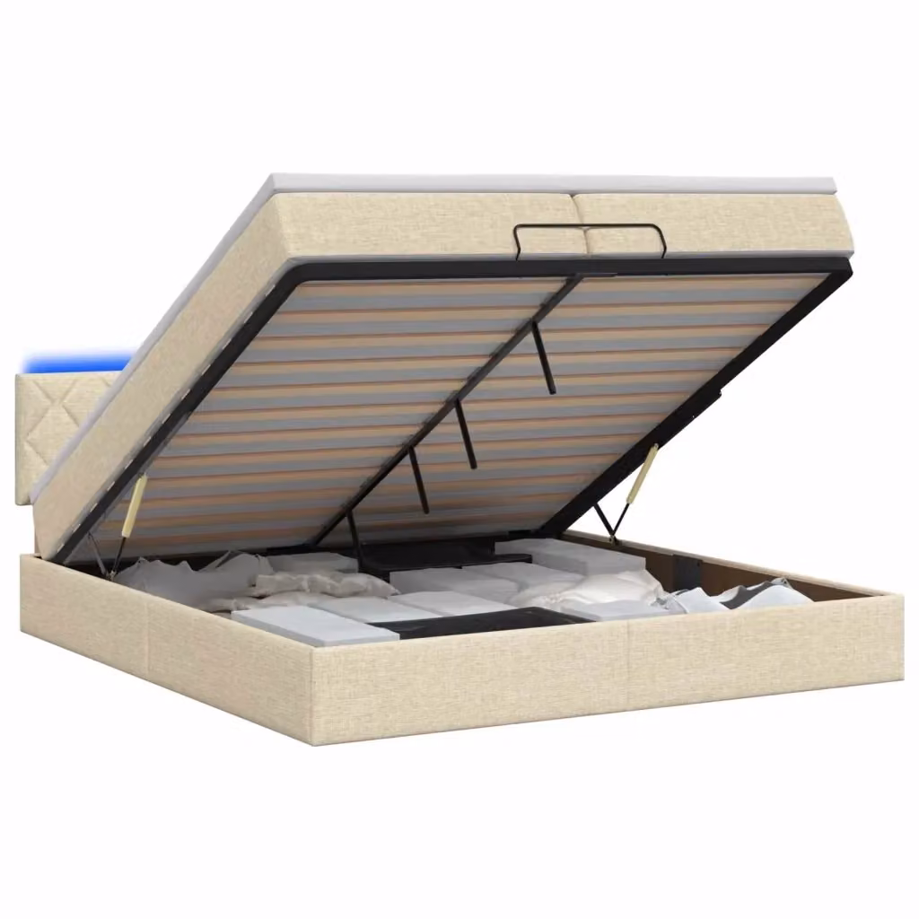 Letto Ottomano con Materasso Ibrido vidaXL, Colore Beige e Bianco, con Illuminazione LED Sotto il Letto e Porte di Ricarica USB, L/P/H: 200 x 200 x 88 cm – 2