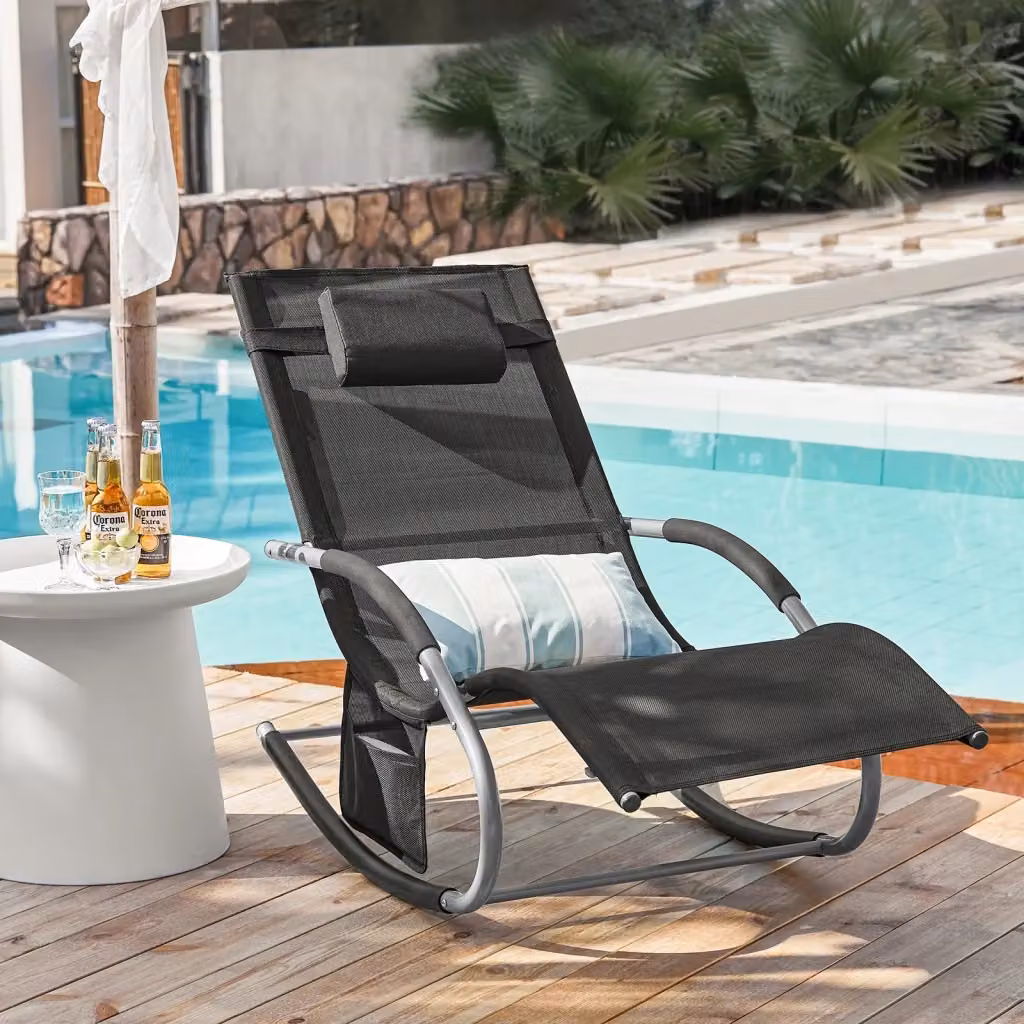 Set di 2 sedie a dondolo da giardino SOBUY con cuscini e tasca laterale, colore nero opaco – 2