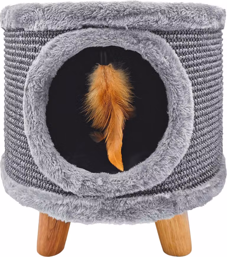 Robusto tiragraffi per gatti, piccolo 38 cm, grigio con piuma e letto Cabin II