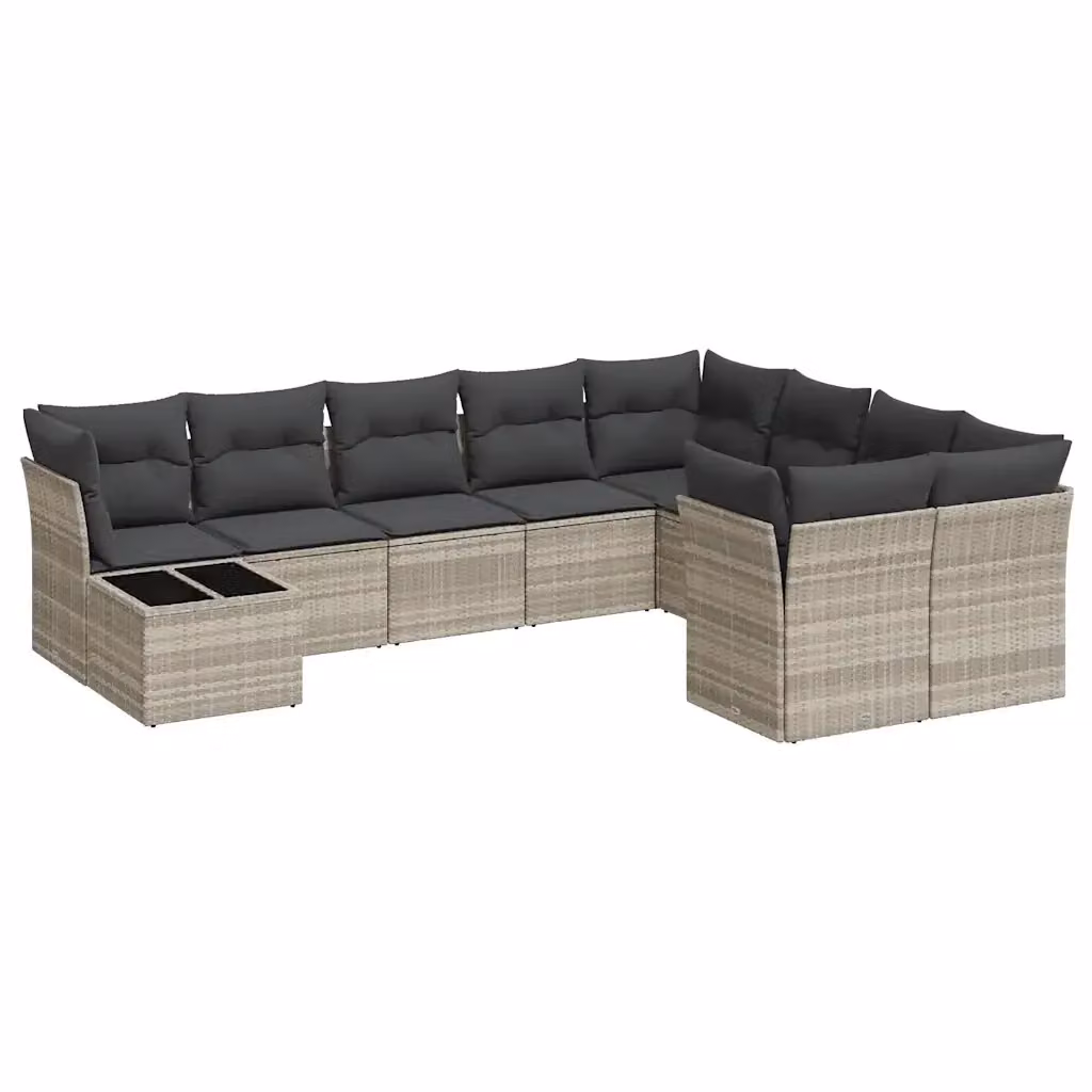 Set Divano da Giardino vidaXL 10 Pezzi a Forma di L con Cuscini Grigio Chiaro in Polyrattan e Tavolino da Esterno – 2
