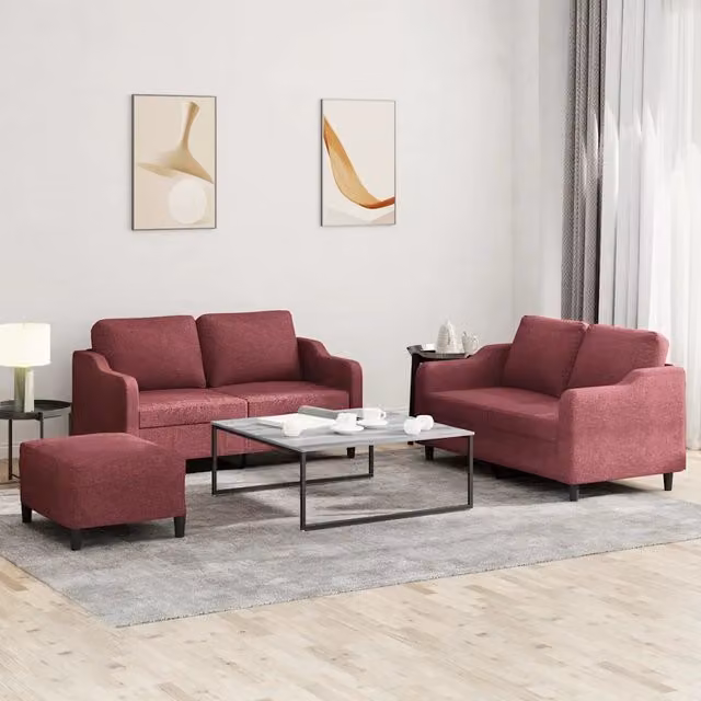 Set di Divani 3 pz con Cuscini Rosso Vino in Tessuto 3201816