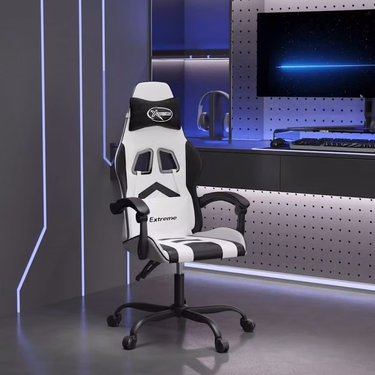 Sedia da Gaming vidaXL Bianco e Nero in Similpelle con Poggiatesta e Ruote