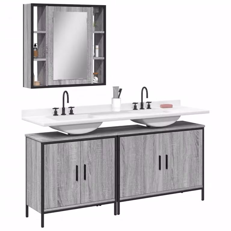 Set di mobili da bagno moderno vidaXL in legno e metallo grigio con armadietto specchio e mobile lavabo