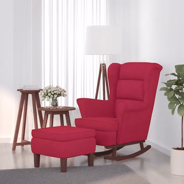 Sedia a dondolo con schienale alto in velluto rosso vino e struttura in legno con pouf incluso vidaXL