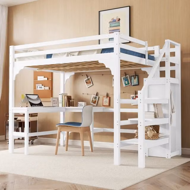 Letto a soppalco 140×200 cm 2 posti con scrivania angolare, armadio aperto e scala contenitore, senza materasso