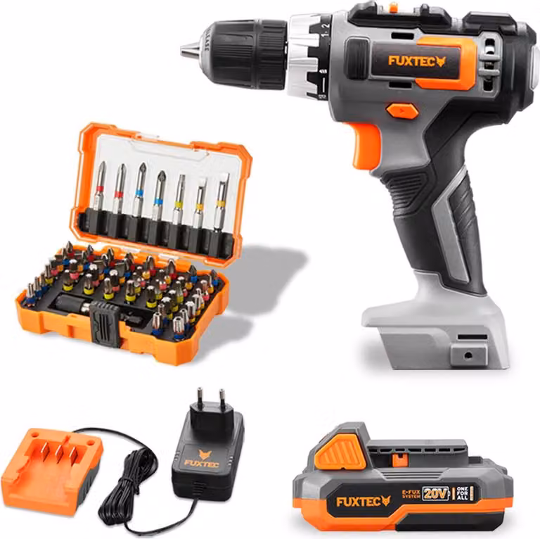 Avvitatore FUXTEC 20V FX-E1BS20, batteria 2x2Ah, caricatore 1A, set di punte