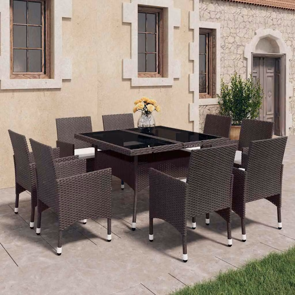 Set da pranzo da giardino vidaXL in 9 pezzi in polyrattan e vetro marrone e beige – 1