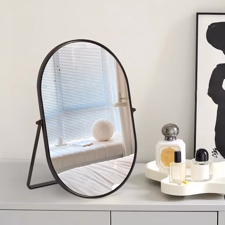 Specchio da tavolo, con cornice in metallo, forma ovale, colore nero, ideale per la camera da letto