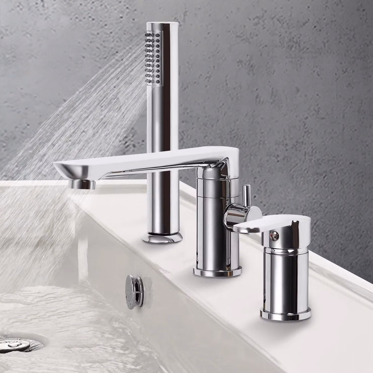 Rubinetto per vasca da bagno - Miscelatore freestanding - Con doccetta - Rame - Bocca girevole a 360° - Tubo flessibile - Argento