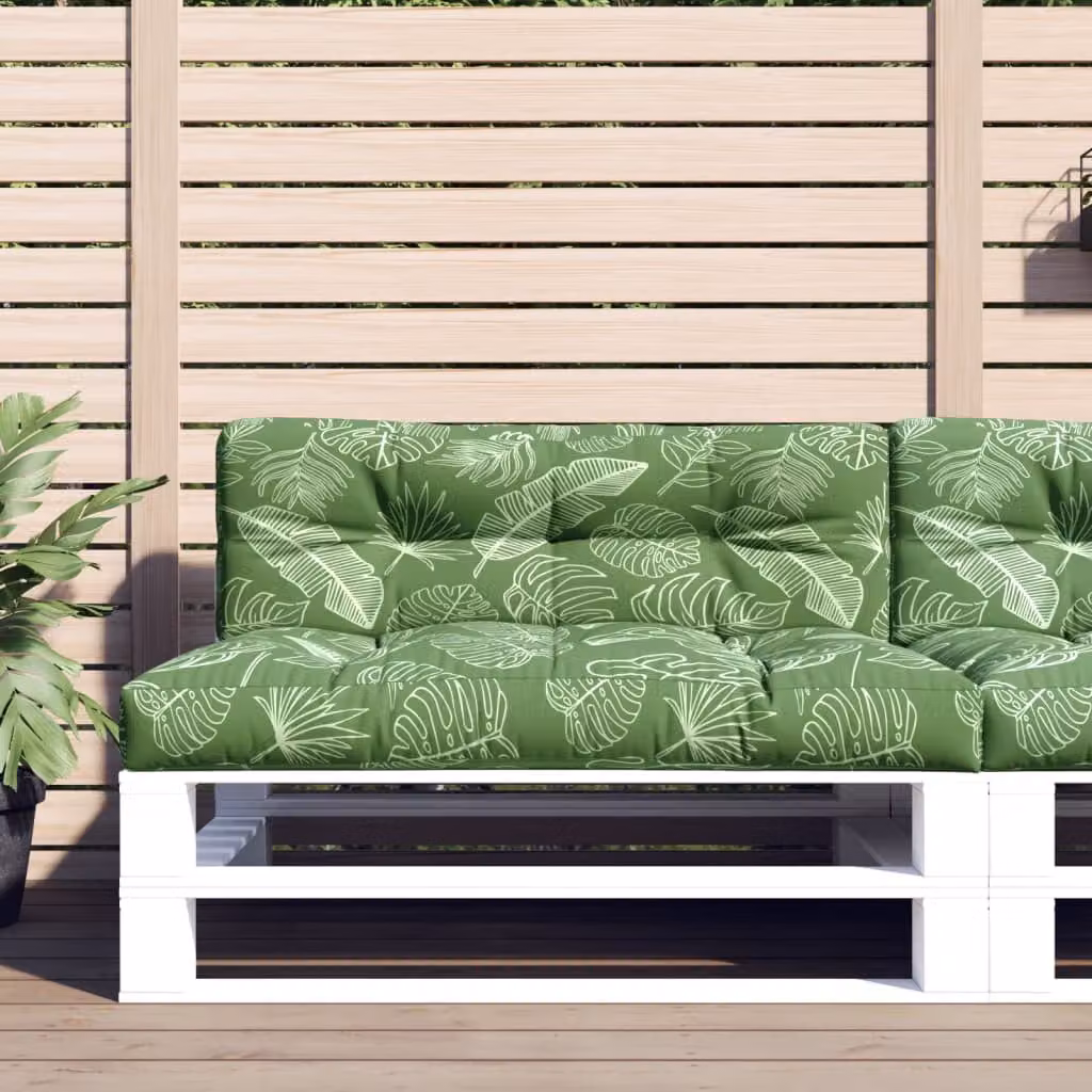 Set di 2 cuscini per pallet vidaXL con motivo a foglie, colore verde, in poliestere resistente all'acqua e ai raggi UV, L: 120 cm, P: 120 cm, H: 12 cm
