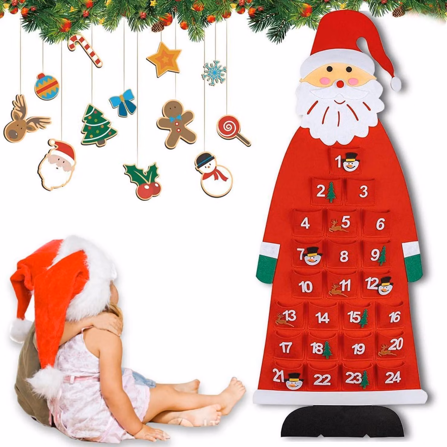 Calendario dell'Avvento in feltro, Santa, 24 giorni, da appendere alla parete, colore rosso, dimensioni 115x44 cm