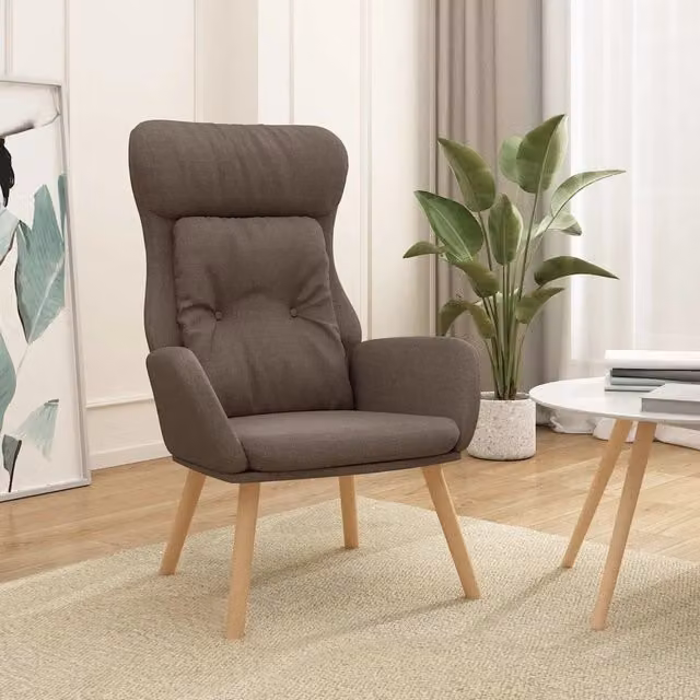 Poltrona Relax Moderna Beige con Braccioli e Struttura in Metallo e Legno di Gomma in Tessuto