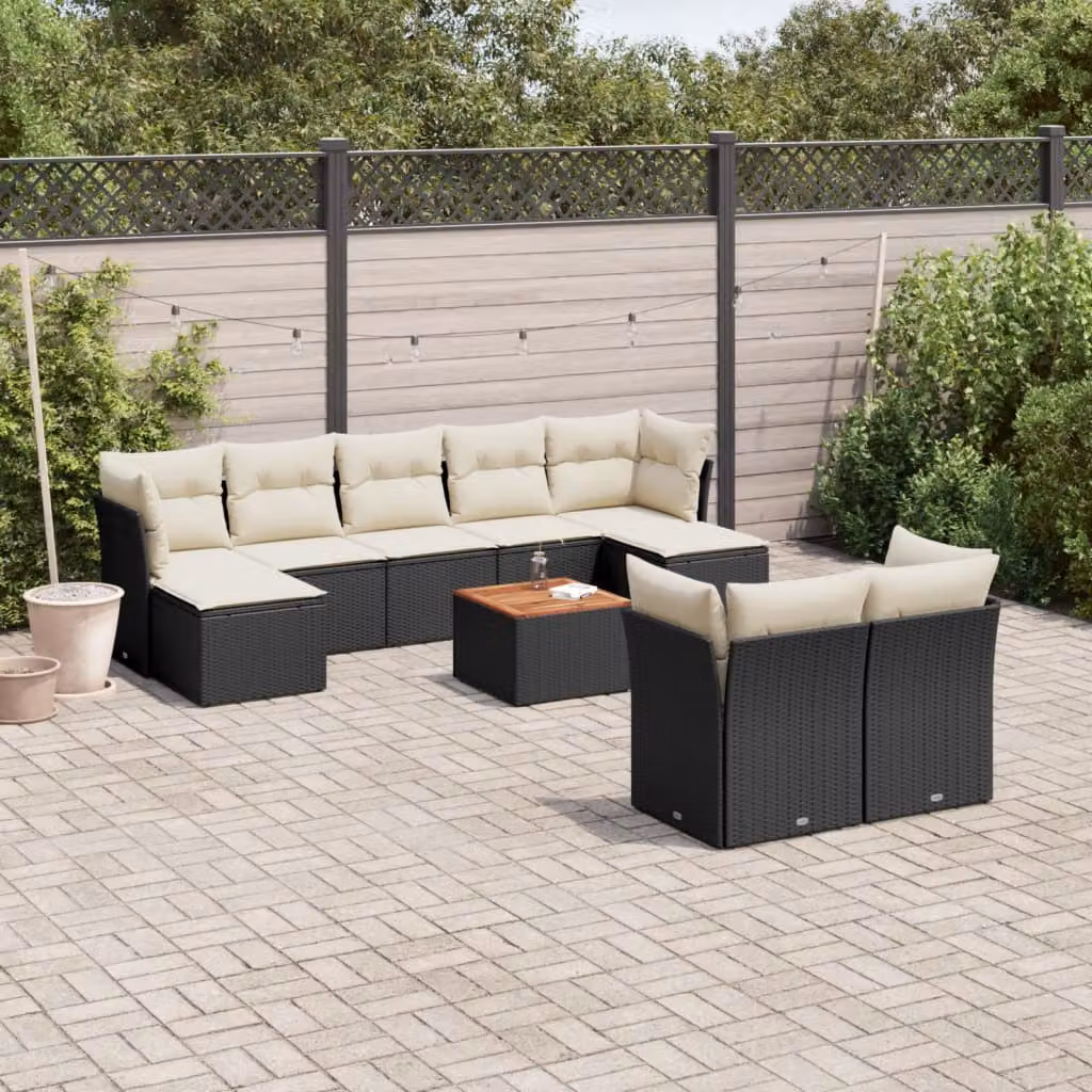 Set di divani da giardino vidaXL in polyrattan nero con cuscini e tavolino da esterno – 1
