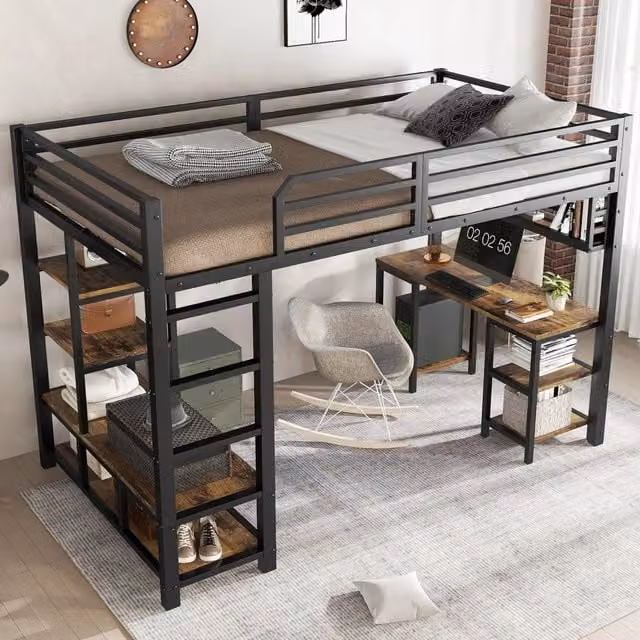 Letto a soppalco 120x200 cm con scrivania e ripiano; metallo nero noce scuro