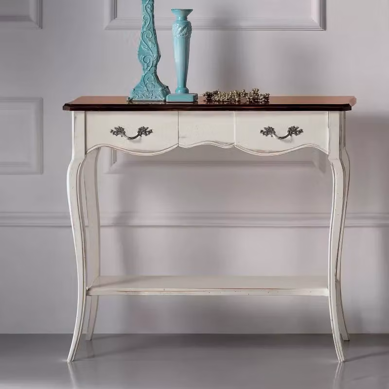 Consolle classica shabby chic in legno bicolore bianco e marrone con 2 cassetti Mobili 2G L: 88 cm, P: 33 cm, H: 79 cm – 1