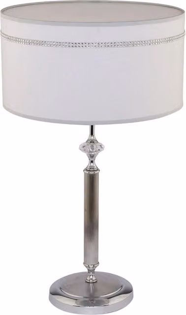 Lampada da tavolo classica Jupiter in metallo cromo con paralume in tessuto bianco e grigio, attacco E27
