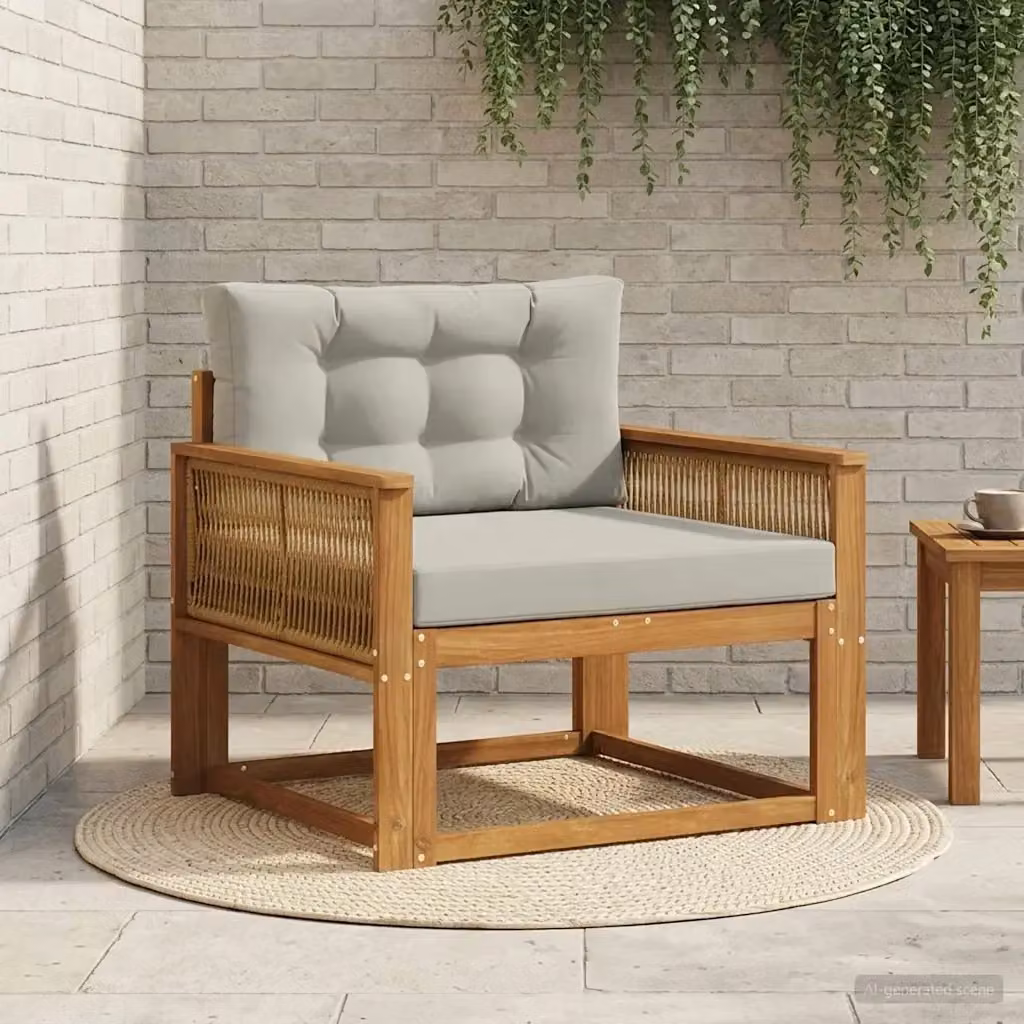 Divano centrale da esterno moderno in legno di acacia massello con cuscini inclusi, colori marrone e grigio, modello CFW3389359 – 2