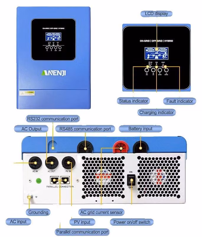 Inverter ibrido solare, 6200 VA/6200 W, ingresso fotovoltaico da 6500 W, tensione nominale 48 VDC, corrente di carica 120 A, efficienza del 94%