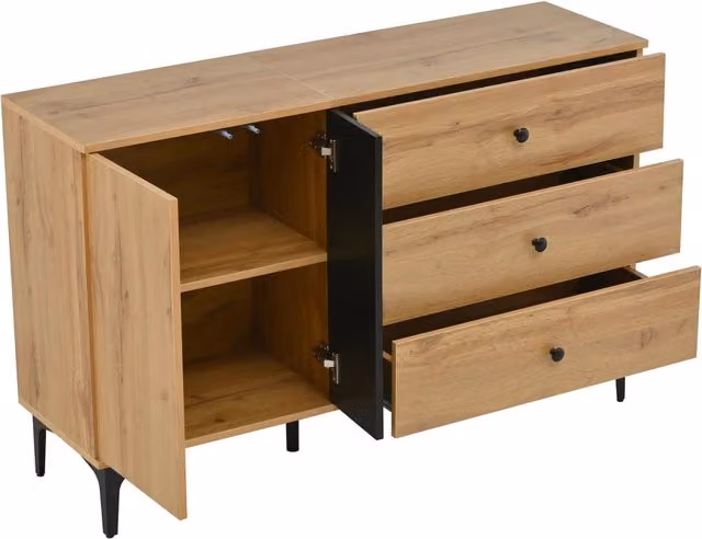 Sideboard moderno in PB naturale e nero 120x35x76 cm con armadio e 3 cassetti