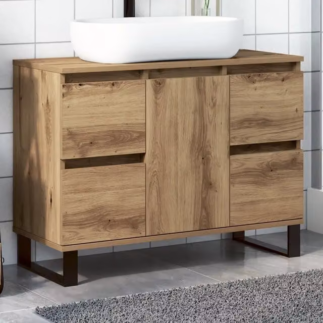 Mobiletto da Bagno Sospeso VIDAXL in Stile Industrial Marrone con Ante a Battente e Cassetti L 80 x P 33 x H 60 cm