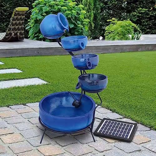 MonsterShop - Fontana Solare a Cascata da Giardino con Batteria di Supporto da 6 Ore Fontanella con Pannello Solare e Picchetto Fontanella a Vasi Fontana con Ciotole - Blu