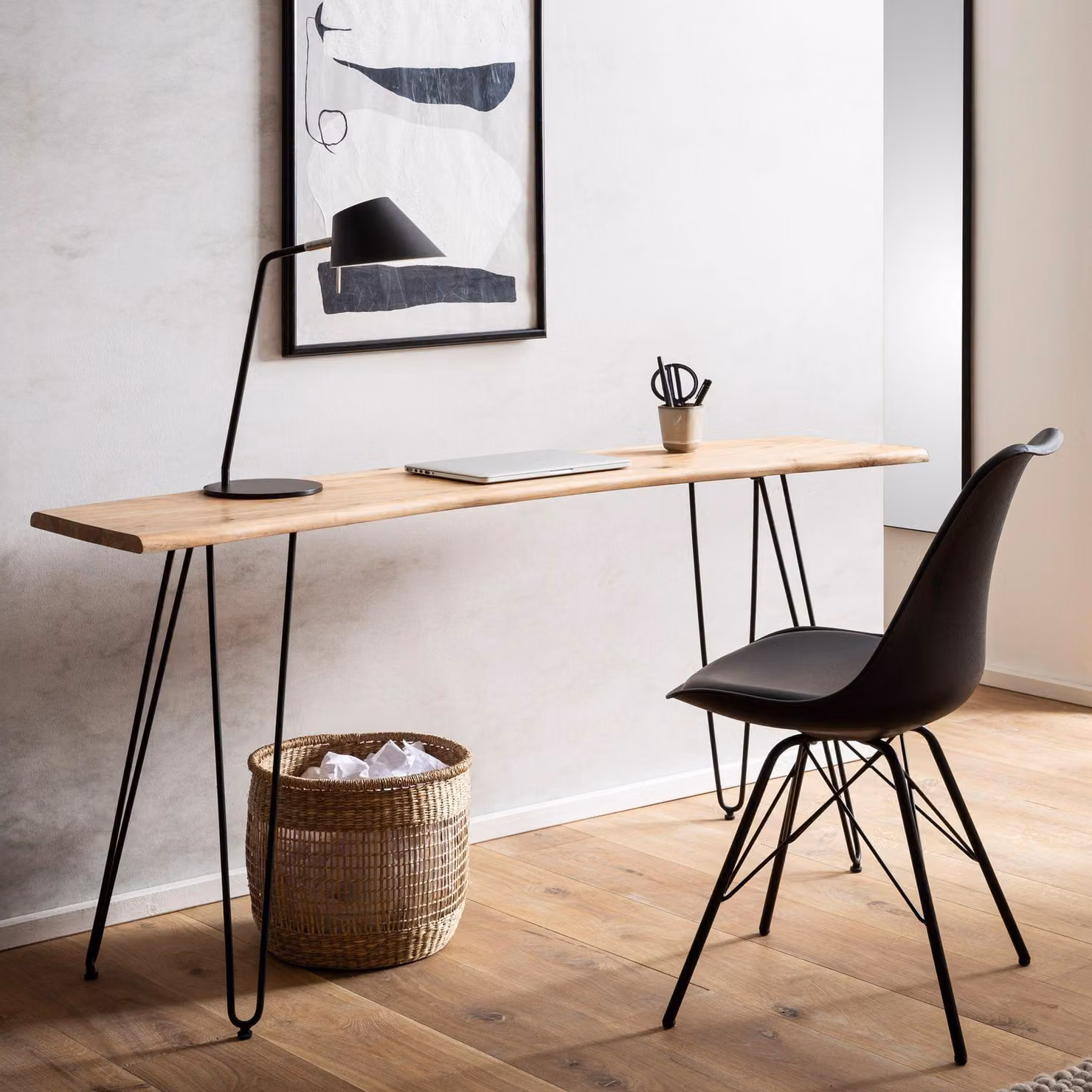 FineBuy scrivania 150x36x75 cm in legno massiccio di acacia / metallo scrivania per computer bordo albero casa ufficio scrivania solida con gambe a forcina in nero