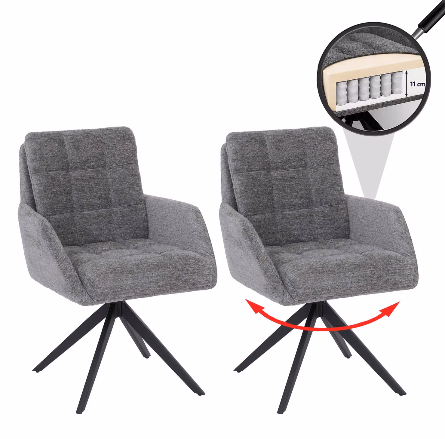 Set di 2 sedie da pranzo HWC-Q36, sedia girevole per cucina con sistema di ritorno automatico, rivestita in tessuto chenille (680g/m²), struttura in metallo, colore grigio