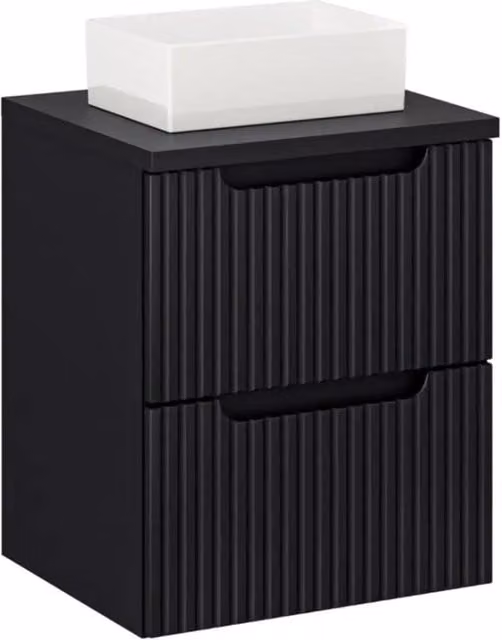 Set VANO 50cm: mobile sotto lavabo con cassetti + piano per lavabo nero opaco + lavabo rettangolare da appoggio bianco