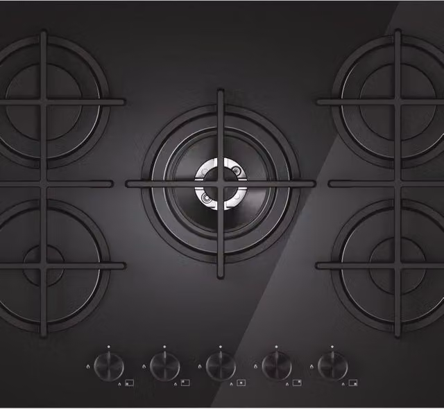 Piano cottura a gas da incasso Candy con 5 fuochi in vetro e ghisa, colore nero, Larghezza: 75 cm