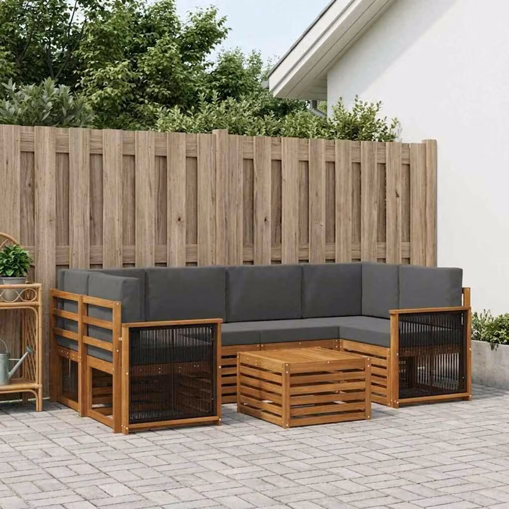 Set di divani da esterno vidaXL 7 pz in legno di acacia con tavolo da caffè, forma a L, colori beige e antracite
