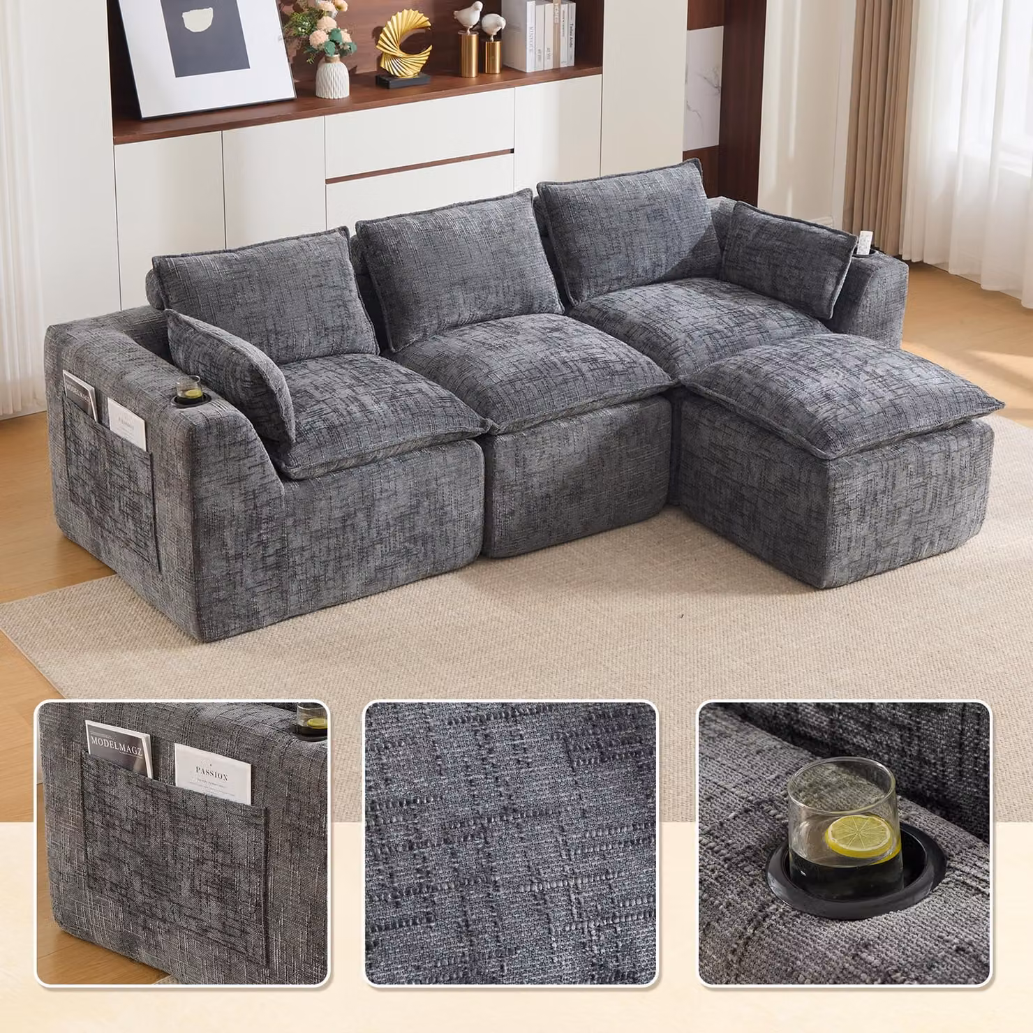 Divano modulare LVHOM, 3 posti, tessuto chenille, forma a L, con portabicchieri e tasche laterali, grande divano, 256 cm, grigio scuro