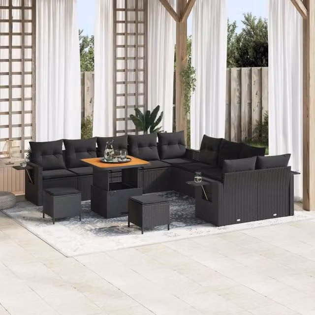Set Divano da Giardino a L vidaXL in Polyrattan Nero con Cuscini e Tavolino da Esterno – 1