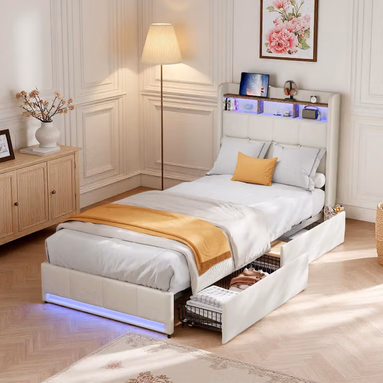 UnboxG Letto imbottito 90×200 cm beige, letto singolo con 2 cassetti, testiera LED e USB/Type-C, vano contenitore