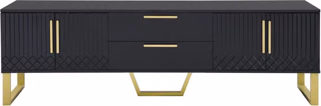 Mobile TV in MDF nero lucido con maniglie e piedi dorati, 170x40x53,5 cm, design elegante per soggiorno