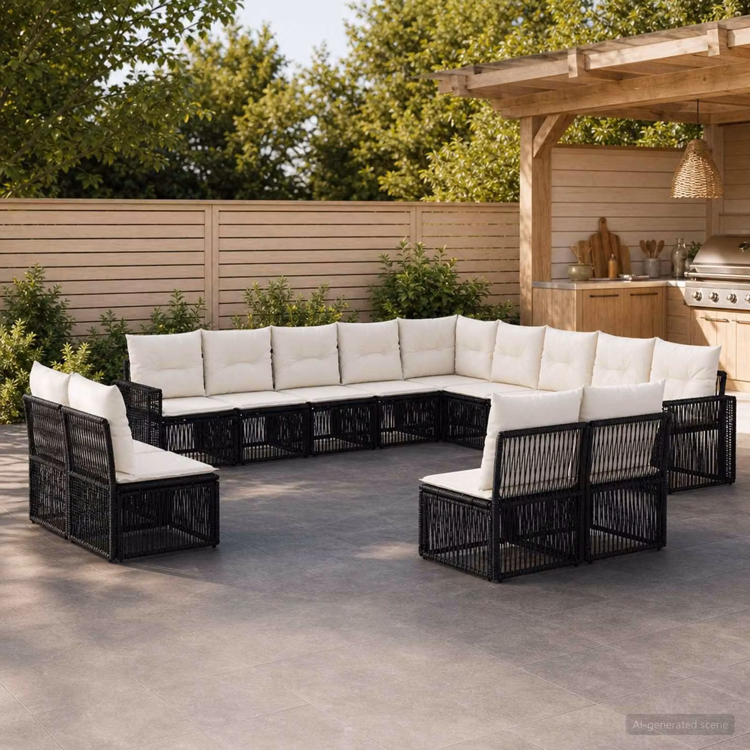 Set Divano da Giardino vidaXL 13 pz a forma di U in Polyrattan Nero e Bianco Crema con Cuscini