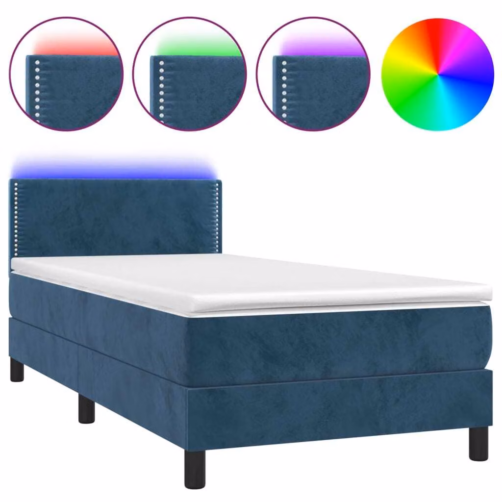 Letto a Molle con Materasso e LED Blu Scuro 100x200 cm