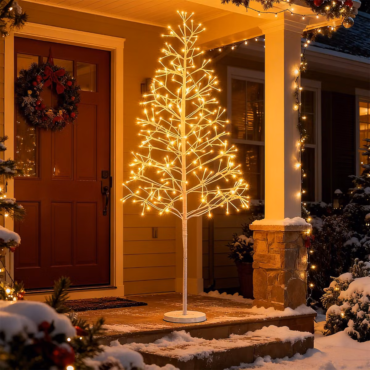 Costway Albero artificiale pre-Illuminato con luci LED a luce calda bianca, Albero di betulla illuminato per natale da 120 cm