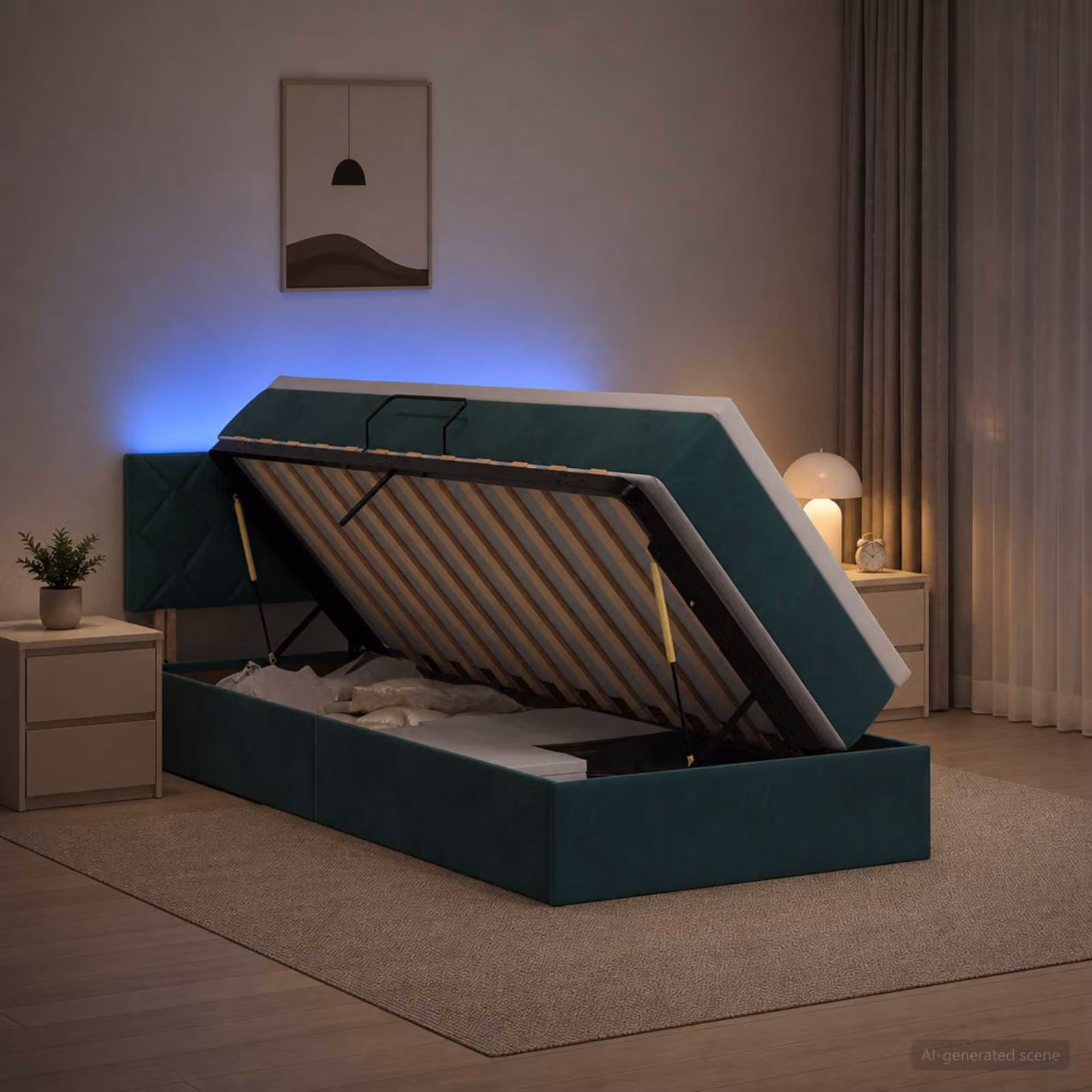 Letto con contenitore e materasso a molle vidaXL in velluto verde scuro con illuminazione LED L/P/H: 100 x 200 x 88 cm