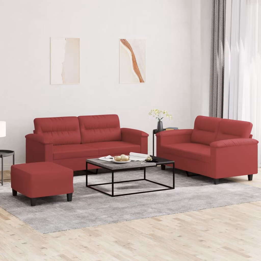 Set di 3 divani vidaXL in similpelle rosso con cuscini per soggiorno in stile moderno – 1