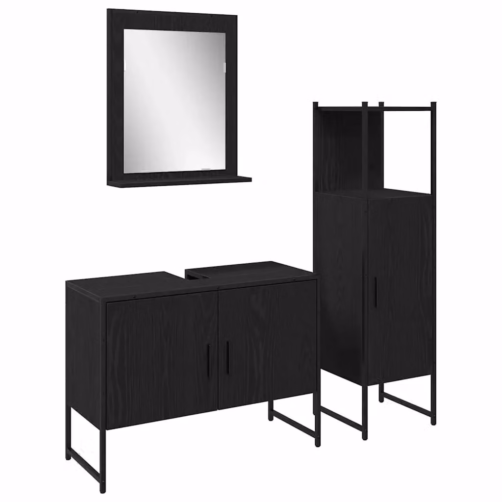 Set di mobili per il bagno moderno vidaXL in 3 pezzi nero opaco composto da armadietto con specchio, mobile lavabo e colonna alta L/P/H: 30 x 33 x 113.5 cm – 2