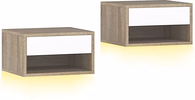 Set di 2 comodini sospesi HOMCOM con LED RGB regolabili tramite APP, cassetti e ripiani, Bianco Color Legno, L: 37 cm, P: 32 cm, H: 21 cm