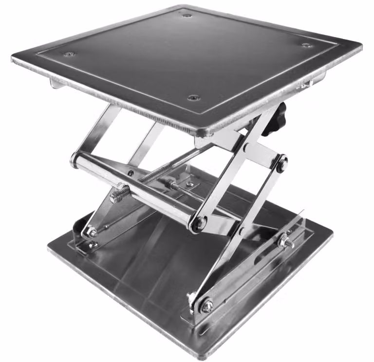 Piattaforma elevatrice regolabile 20x20 cm - Piattaforma di sollevamento - Acciaio inossidabile - Laboratorio - Capacità massima di carico: 10 kg - Manovella per la regolazione dell'altezza - Sollevatore per laboratorio