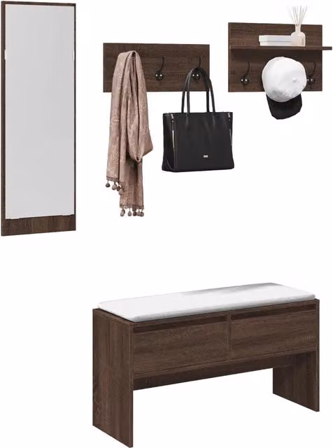 Set Mobili da Ingresso Moderno vidaXL in Legno e Metallo Marrone con Panca, Specchio e Pannello con Ganci