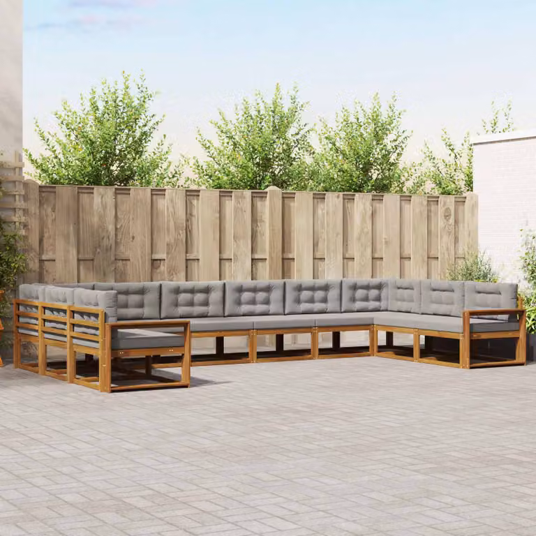 vidaXL Set di divani da esterno a forma di U in legno di acacia con cuscini, 10 pezzi, Beige, Grigio e Marrone