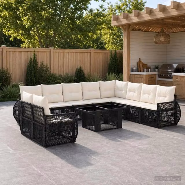 Set Divano da Giardino vidaXL a Forma a U in Polyrattan con Cuscini, Colore Nero e Bianco Crema