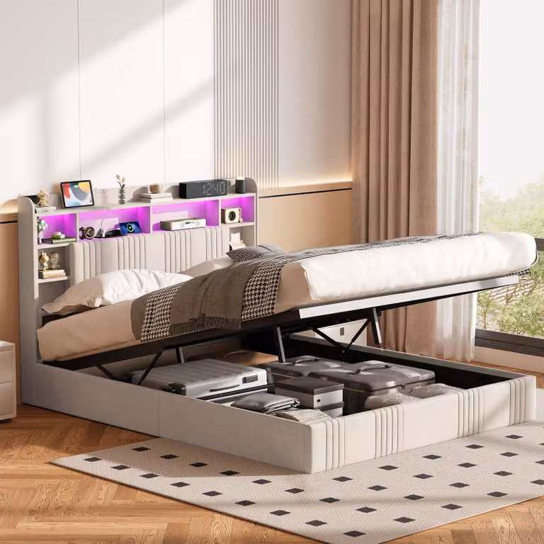 Letto imbottito 160x200 cm con spazio contenitore a sollevamento idraulico, illuminazione LED, testiera con scaffali, porte USB e Type-C, 2 prese di corrente, rete a doghe, colore beige, senza materasso
