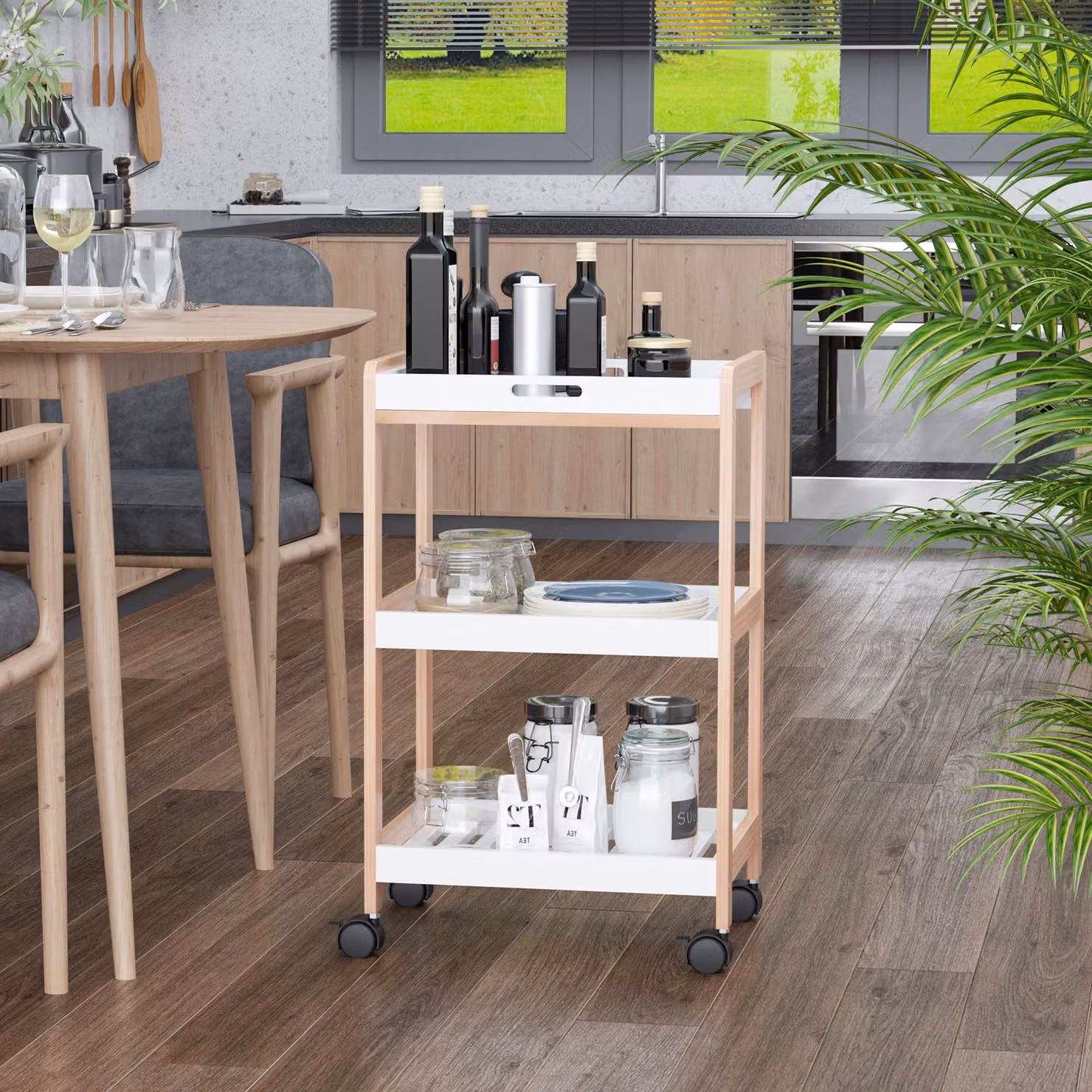 Carrello da servizio HOMCOM con 2 ripiani e piano removibile in legno di pino e MDF, colore bianco, design moderno con ruote – 2