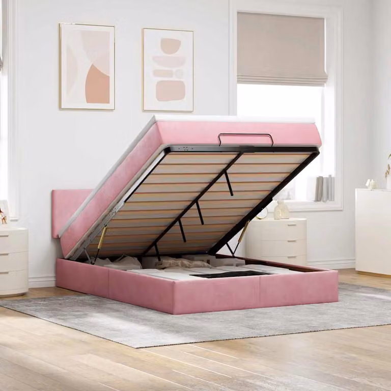 Struttura Letto con Materasso e Pouf vidaXL in Velluto Rosa e Bianco, L/P/H: 193 x 144 x 88 cm
