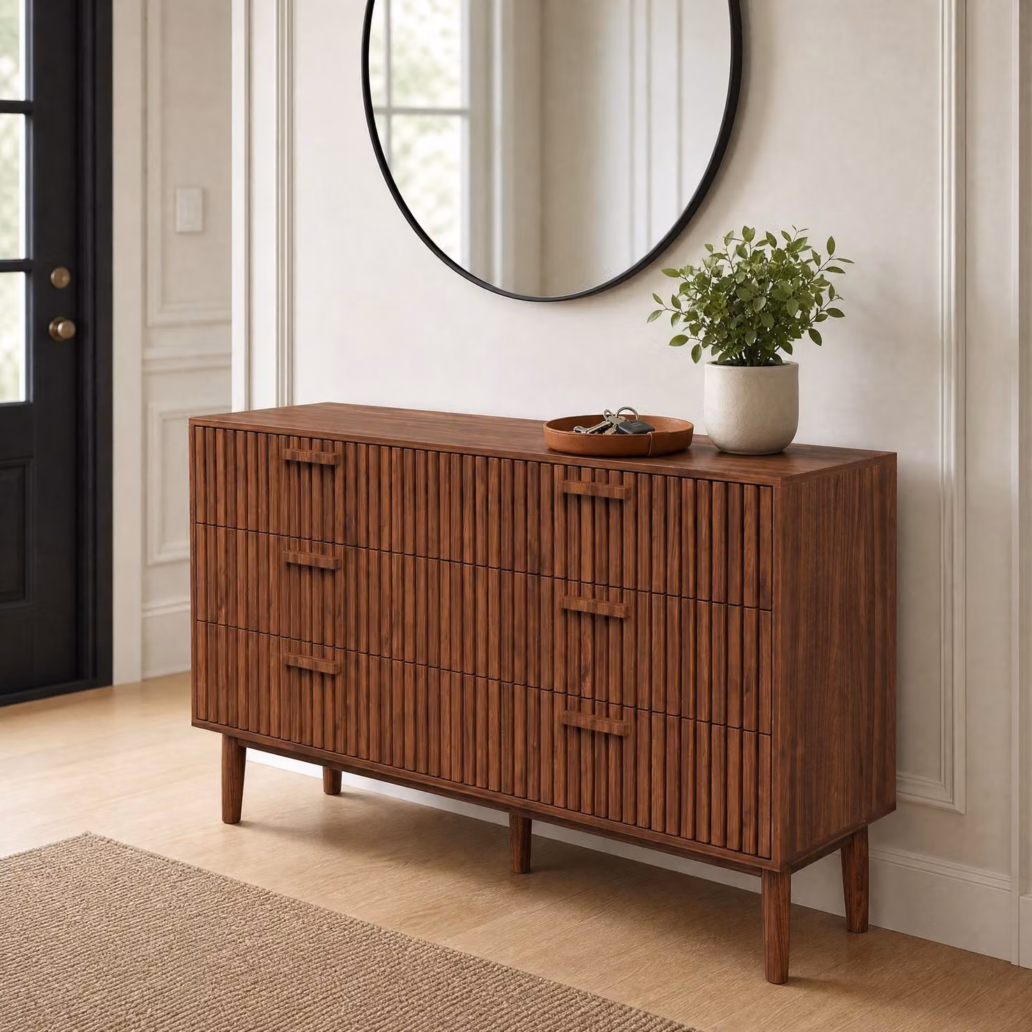 Comodino INONEFT con 6 cassetti in rattan, 100x34x73 cm, mobiletto contenitore, cassettiera, mobile alto, mobile laterale con cassetti, design moderno, legno noce