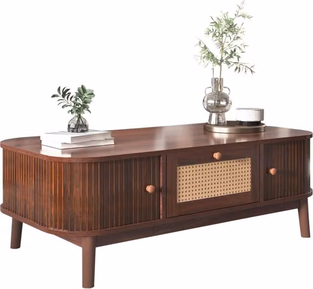 Tavolino da caff¨¨ - tavolino da caff¨¨ in rattan, cassetti con inserti in rattan e ante scorrevoli con doghe in legno massello, gambe in legno